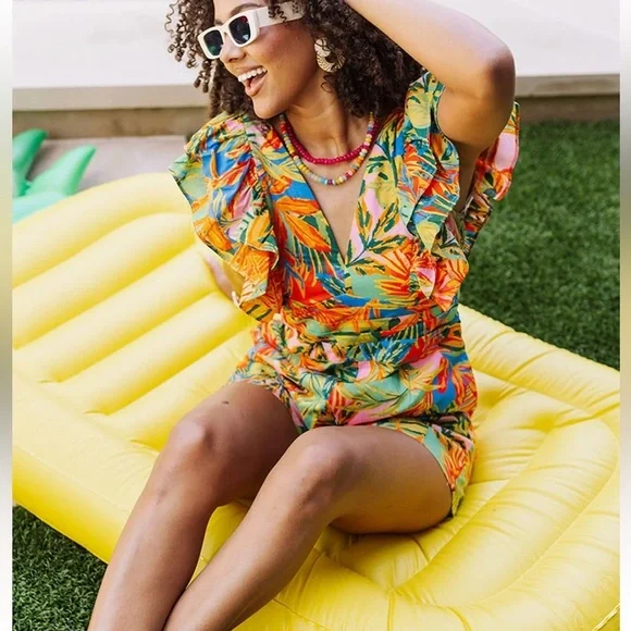 Vibrant Floral Flutter-Sleeve Romper - Orange Multi - Picture 16 of 16